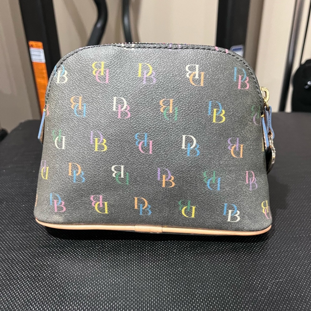 SOLD-Dooney & Bourke black rainbow monogram large cosmetic pouch